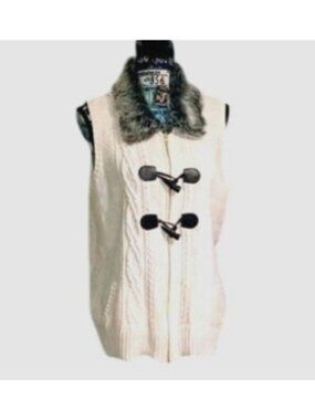 CHARTER CLUB -WOMENS KNIT FRONT ZIP/BUTTON CLOSURE FAUX FUR NECK VEST SIZE LARGE